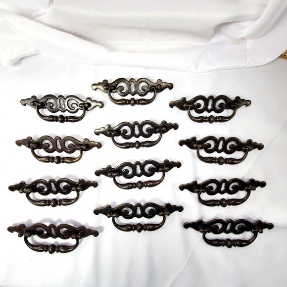 VTG 12 Brass French Pulls Dangling Handle Replacement Hardware Ornate 7" Wide - Picture 2 of 12